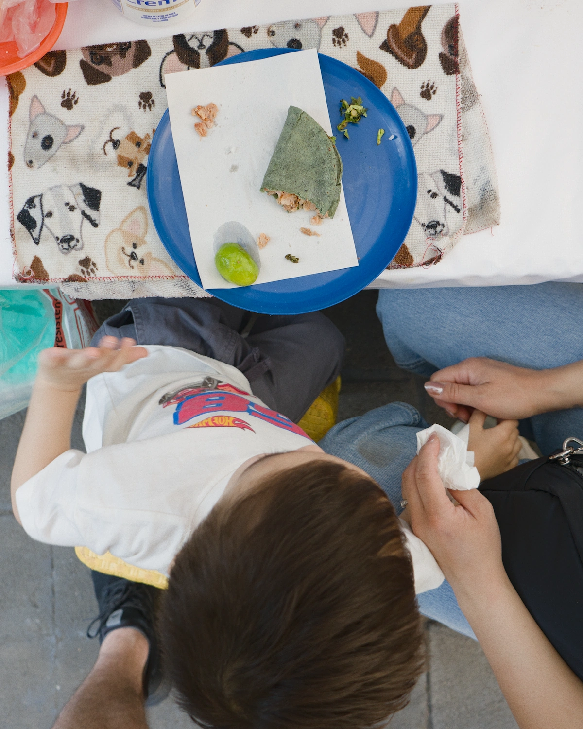 A half eaten quesadilla on a plate with a both sitting in front of it