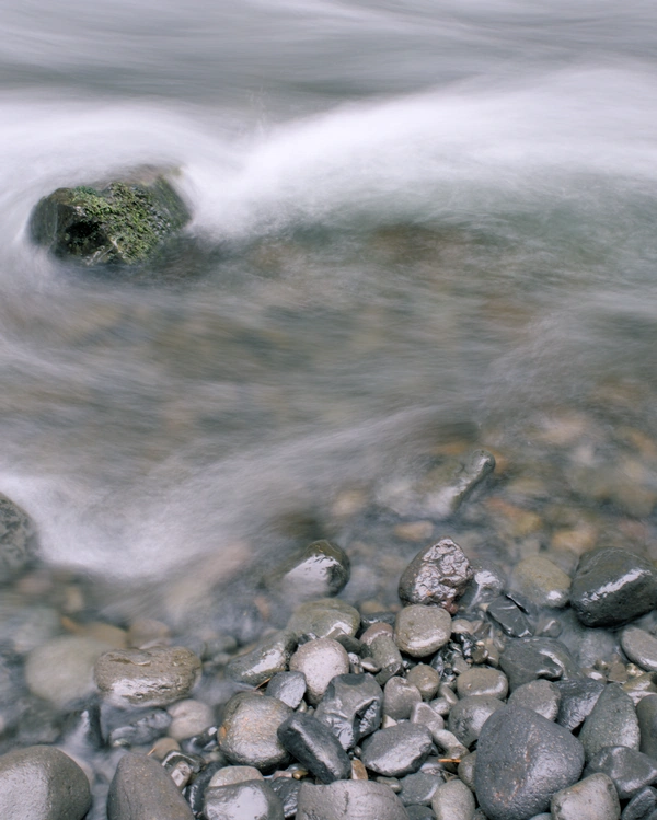 The flowing waters of a creek with smooth river rocks on the bank